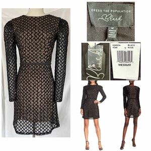 DRESS THE POPULATION Women Medium Nude Black Collins Sequins Dress NWT New $478